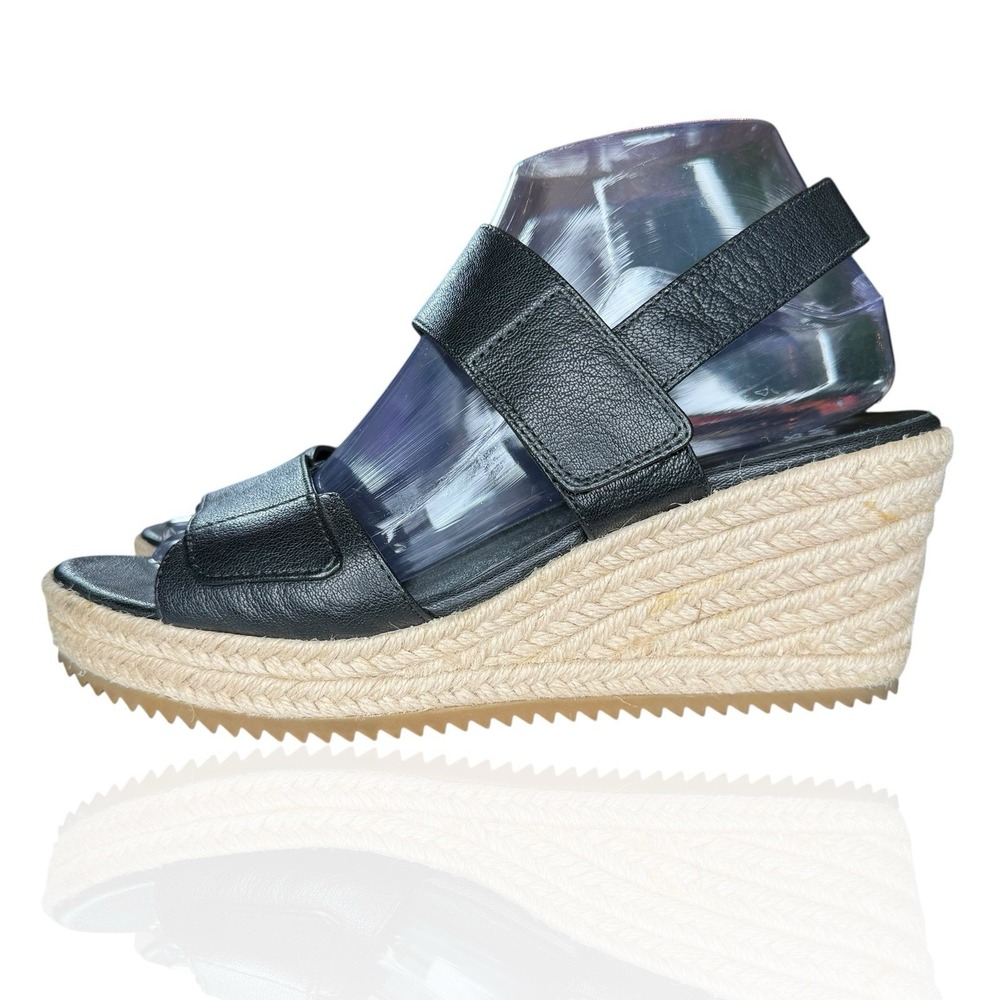 NEW Eileen Fisher 8.5 Winnie Tumbled Black Leather Espadrille Wedge Sandals